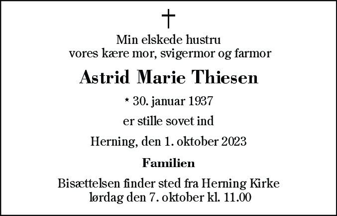 Dødsannonce for Astrid Marie Thiesen