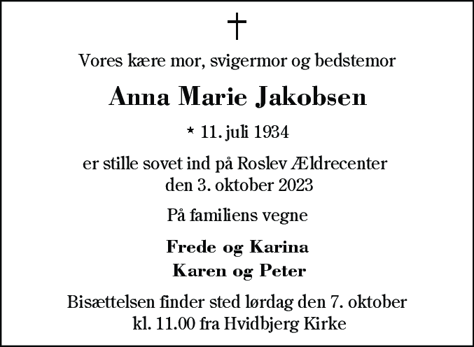 Dødsannonce for Anna Marie Jakobsen