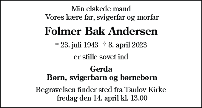 Dødsannonce for Folmer Bak Andersen