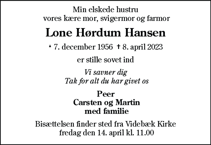 Dødsannonce for Lone Hørdum Hansen