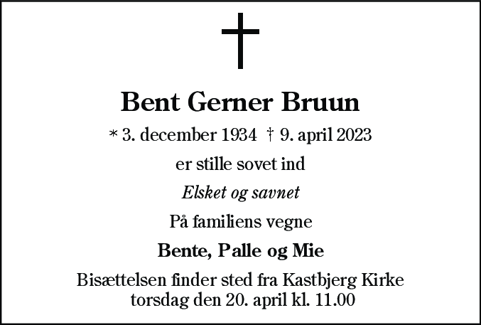 Dødsannonce for Bent Gerner Bruun