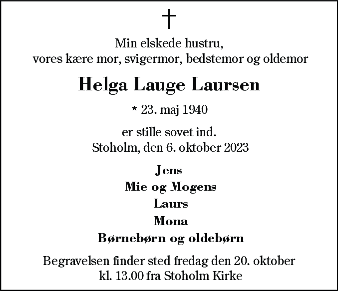 Dødsannonce for Helga Lauge Laursen