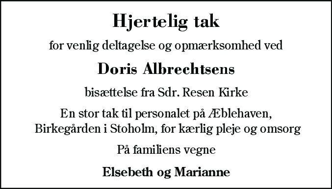 Dødsannonce for Doris Albrechtsen
