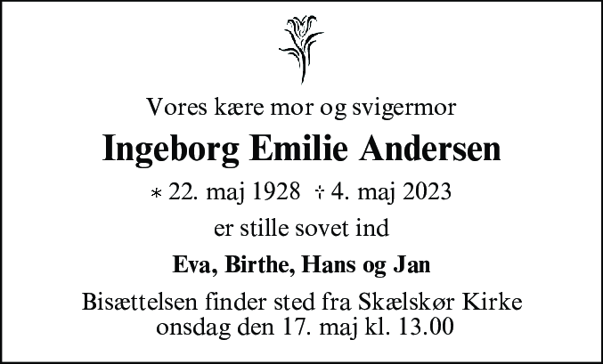 Dødsannonce for Ingeborg Emilie Andersen