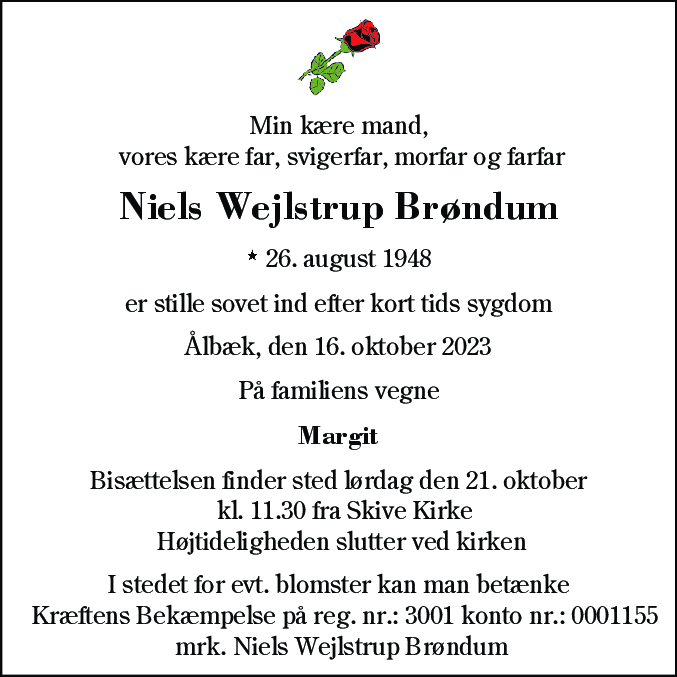 Dødsannonce for Niels Wejlstrup Brøndum