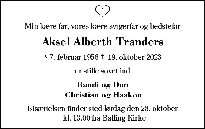 Dødsannonce for Aksel Alberth Tranders