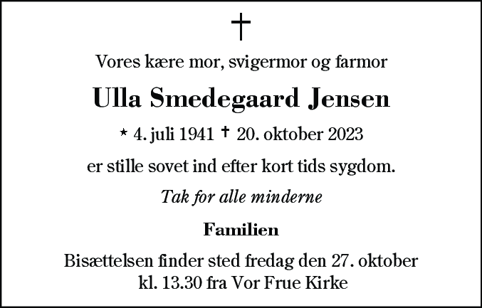 Dødsannonce for Ulla Smedegaard Jensen
