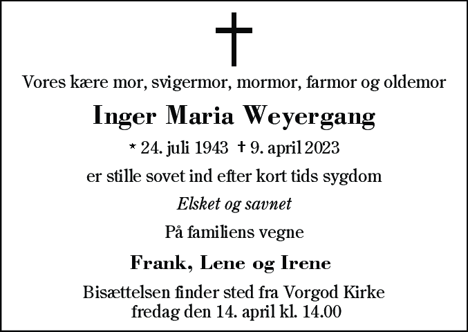 Dødsannonce for Inger Maria Weyergang