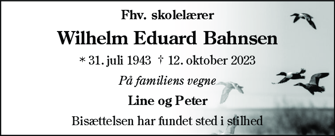 Dødsannonce for Wilhelm Edvard Bahnsen