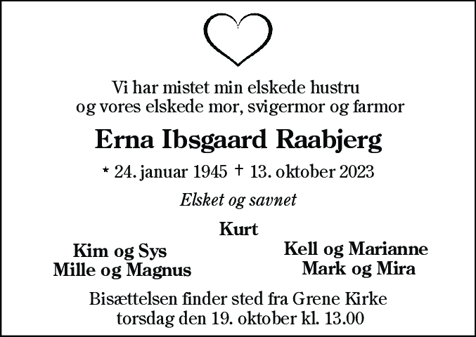 Dødsannonce for Erna Ibsgaard Raabjerg