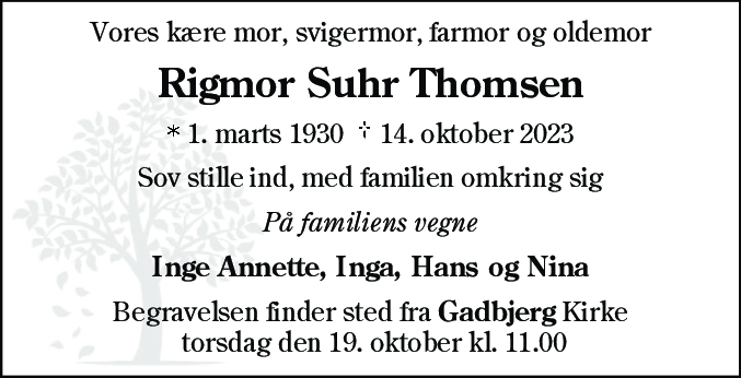 Dødsannonce for Rigmor Thomsen
