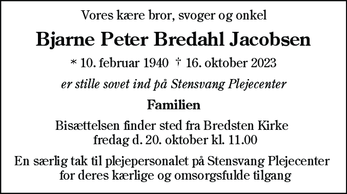 Dødsannonce for Bjarne Peter Bredahl Jakobsen