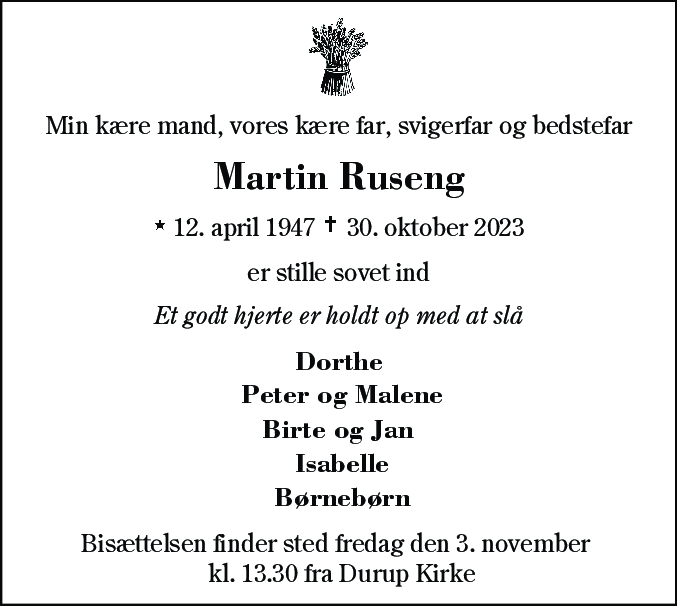 Dødsannonce for Martin Kristensen Ruseng