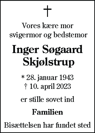 Dødsannonce for Inger Søgaard Skjølstrup