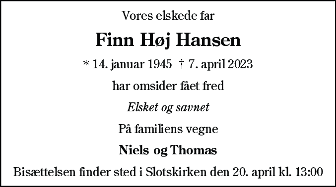 Dødsannonce for Finn Høj Hansen