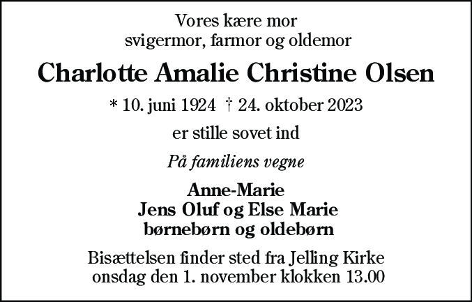 Dødsannonce for Charlotte Amalie Christine Olsen
