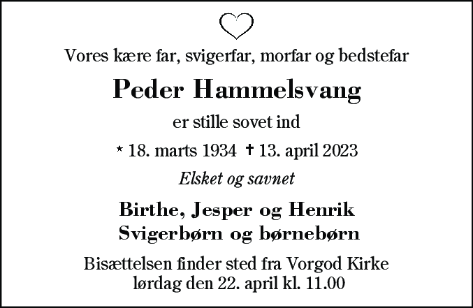 Dødsannonce for Peder Hammelsvang