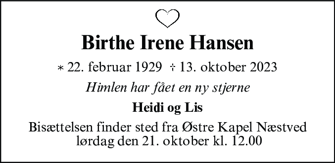 Dødsannonce for Birthe Irene Hansen