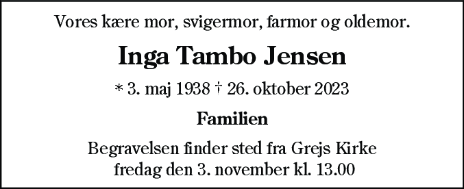 Dødsannonce for Inga Thambo Jensen