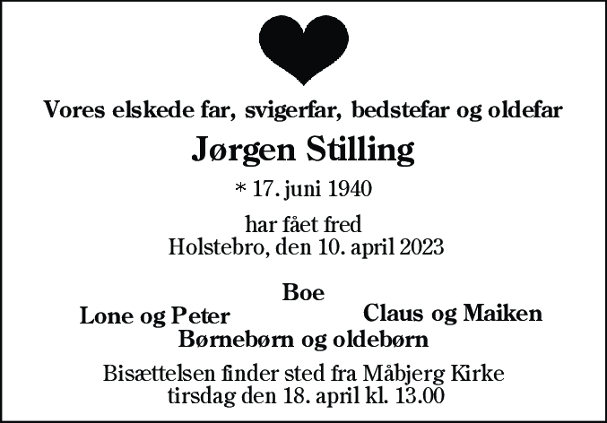 Dødsannonce for Jørgen Stilling