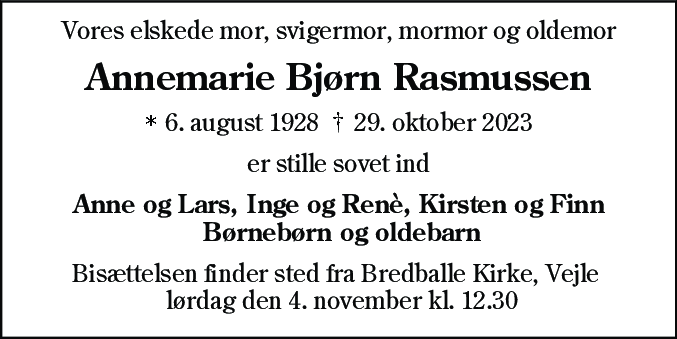 Dødsannonce for Anna Marie Hanghøj Rasmussen