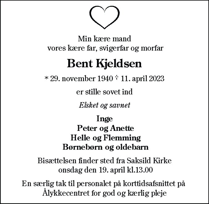 Dødsannonce for Bent Kjeldsen
