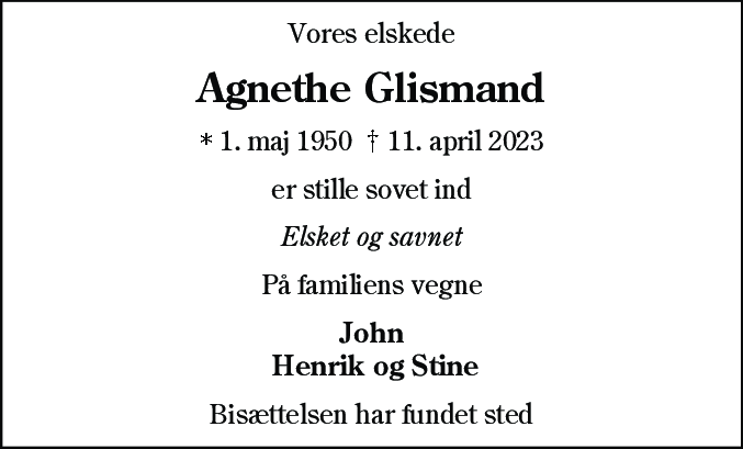 Dødsannonce for Agnethe Glismand