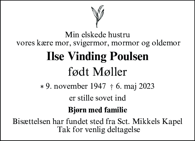 Dødsannonce for Ilse Vinding Poulsen