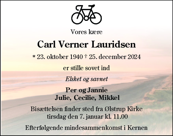 Dødsannonce for Carl Verner Lauridsen
