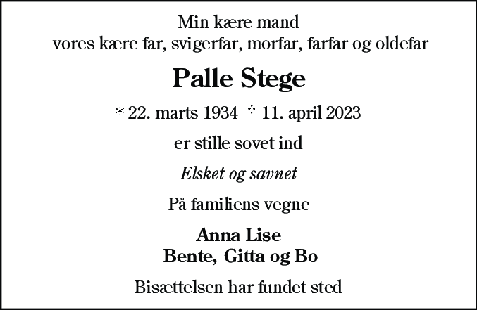 Dødsannonce for Palle Stege