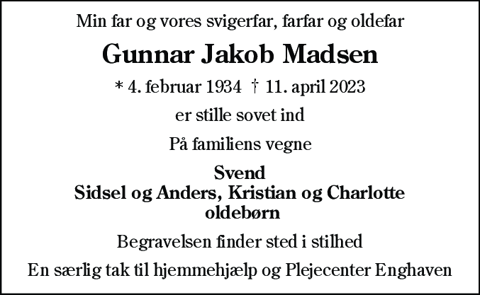 Dødsannonce for Gunnar Jakob Madsen