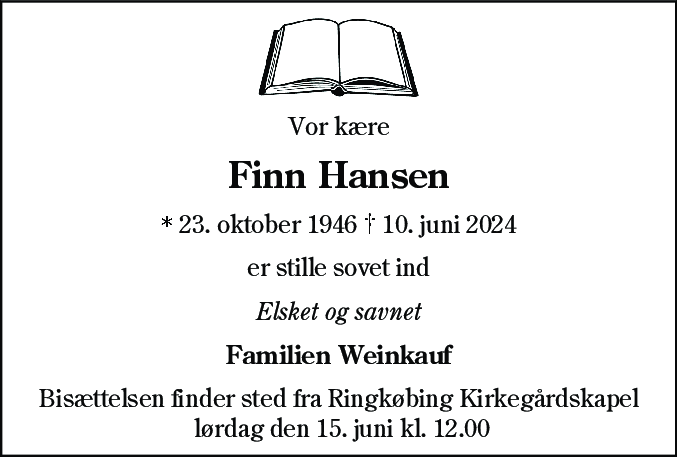 Dødsannonce for Finn Hansen