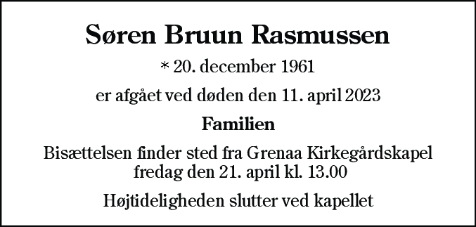 Dødsannonce for Søren Bruun Rasmussen