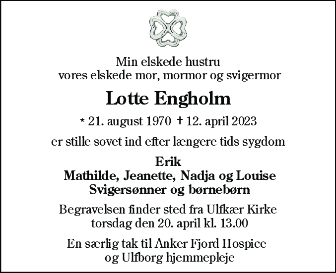 Dødsannonce for Lotte Engholm