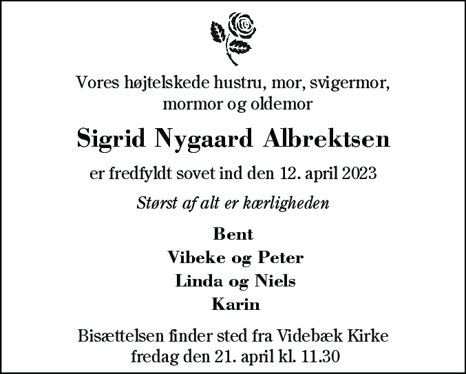 Dødsannonce for Sigrid Nygaard Albrektsen