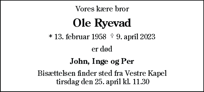 Dødsannonce for Ole Ryevad