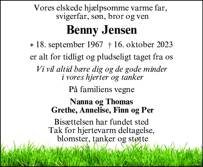 Dødsannonce for Benny Jensen