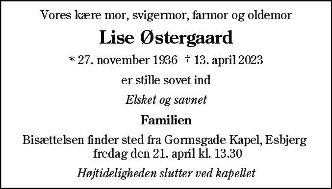 Dødsannonce for Lise Østergaard