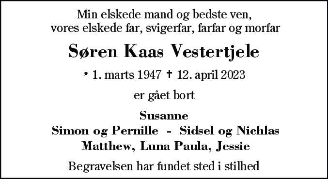 Dødsannonce for Søren Kaas Vestertjele