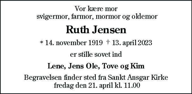 Dødsannonce for Ruth Jensen