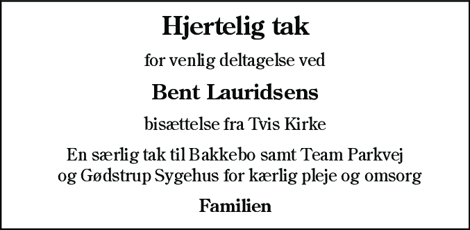 Dødsannonce for Bent Lauridsen