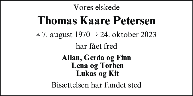 Dødsannonce for Thomas Kaare Petersen