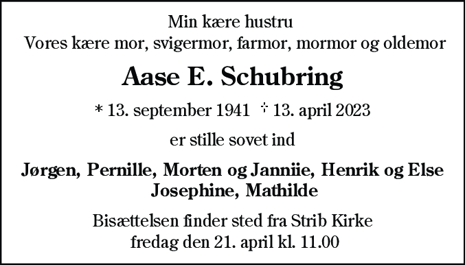 Dødsannonce for Aase Ellinor Schubring
