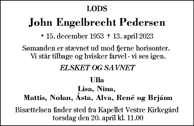 Dødsannonce for John Engelbrecht Pedersen