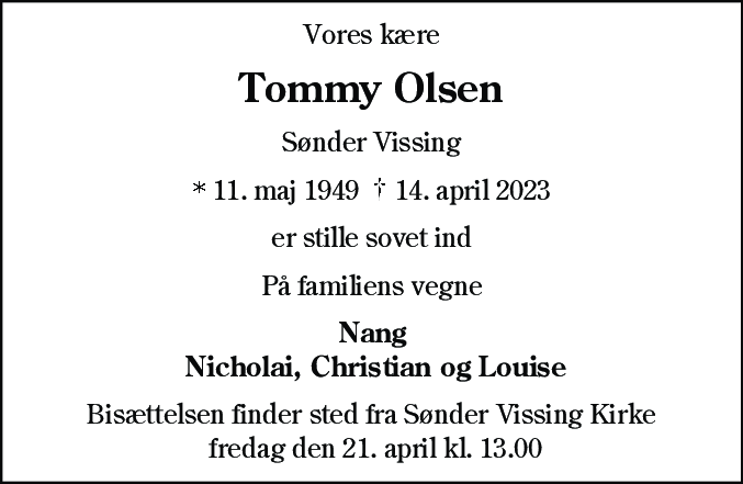 Dødsannonce for Tommy Olsen