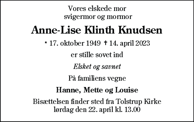 Dødsannonce for Anne-Lise Klinth Knudsen