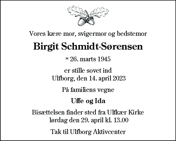 Dødsannonce for Birgit Schmidt-Sørensen