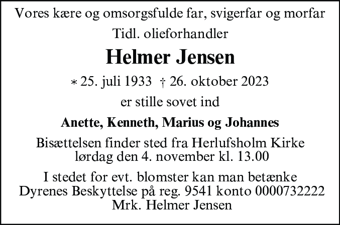 Dødsannonce for Helmer Jensen