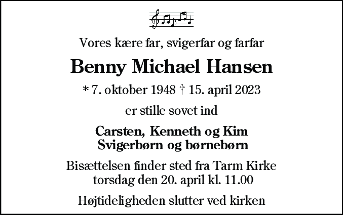 Dødsannonce for Benny Michael Hansen