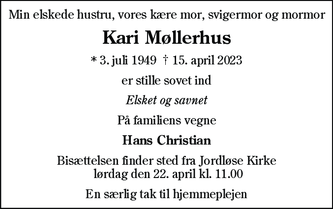 Dødsannonce for Kari Møllerhus